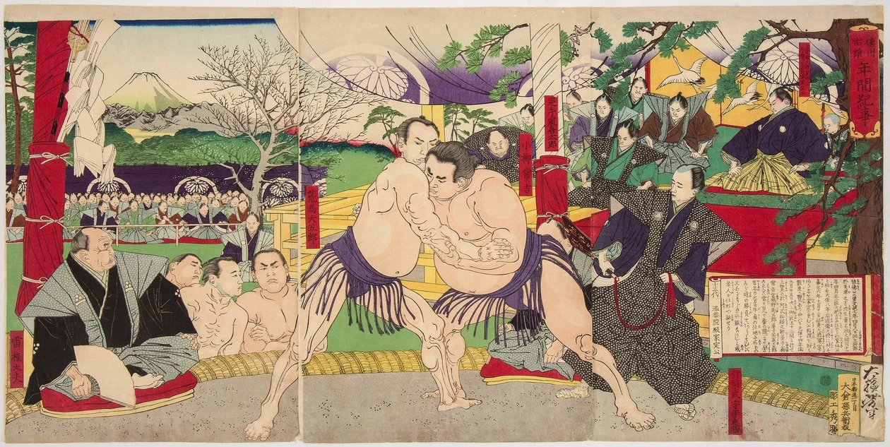 Combattimento dei lottatori di sumo Koyonagi Tsunekichi e Arauma Daigoro